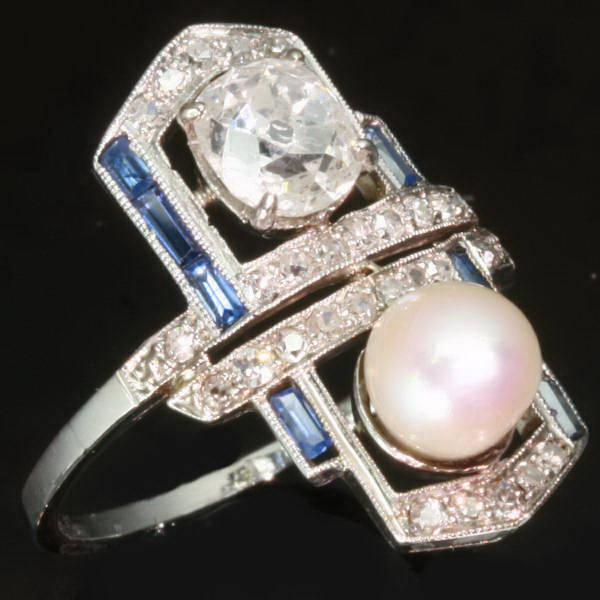 Art Deco pearl diamond engagement ring sapphire (image 9 of 14)